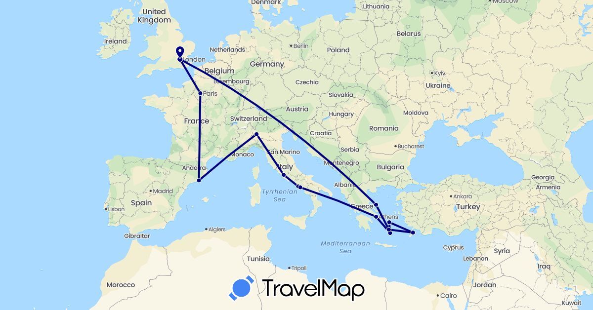 TravelMap itinerary: driving in Spain, France, United Kingdom, Greece, Italy (Europe)